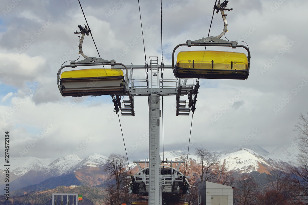 Non-working cable car in mountains. Rosa Khutor Resort, Sochi, Russia