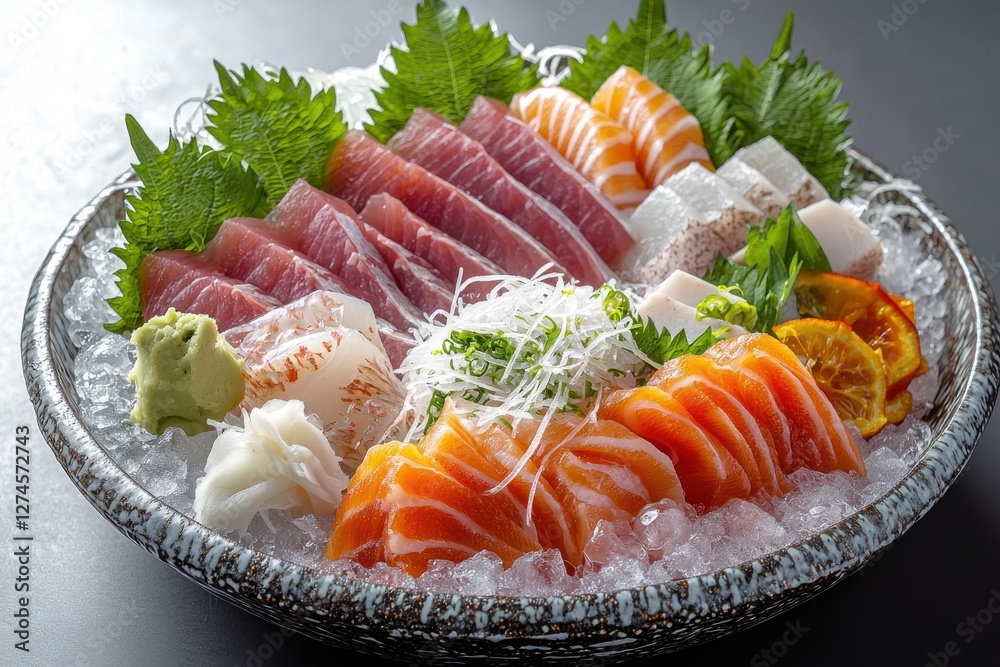 Assorted sashimi platter on crushed ice, showcasing vibrant salmon, tuna, and white fish, complemented by wasabi, pickled ginger, and citrus garnish, a Japanese culinary delight. Assorted sashimi platter on crushed ice, showcasing vibrant salmon, tuna, and white fish, complemented by wasabi, pickled ginger, and citrus garnish, a Japanese culinary delight.