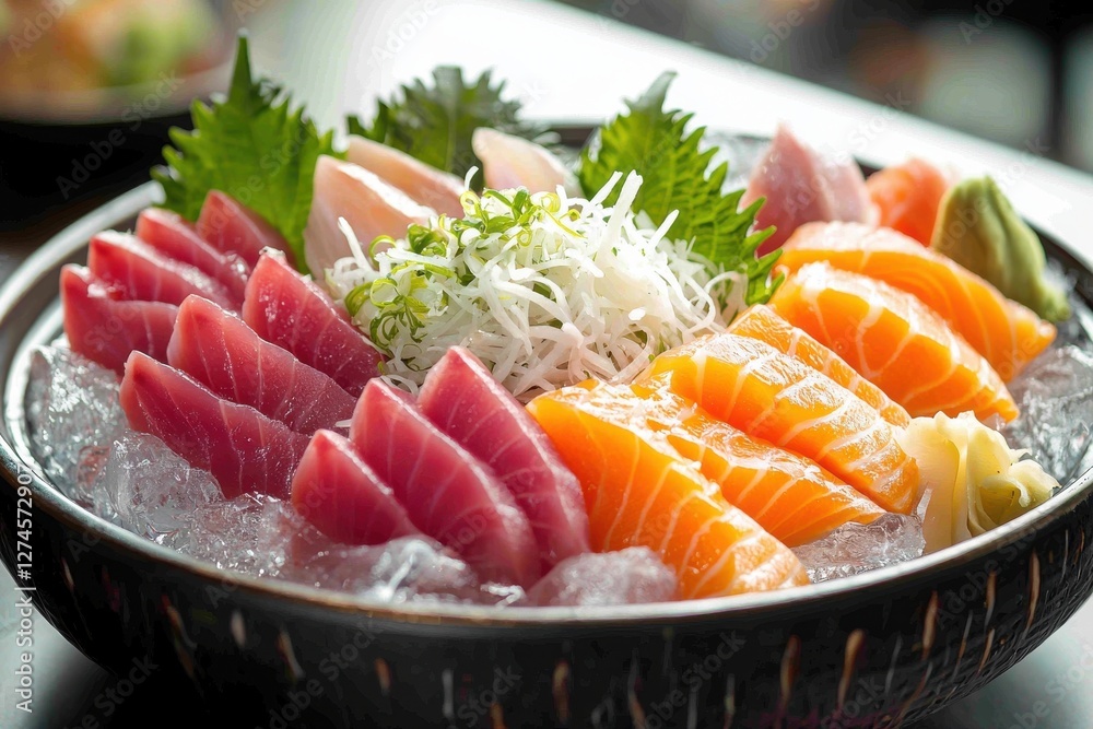 A beautiful and colorful sashimi platter with fresh tuna, salmon, and white fish, garnished with wasabi, ginger, and shiso leaves on crushed ice. A beautiful and colorful sashimi platter with fresh tuna, salmon, and white fish, garnished with wasabi, ginger, and shiso leaves on crushed ice.