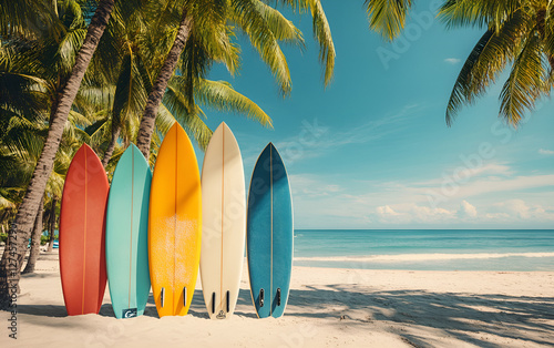 A lineup of surfboards positioned on the beach, highlighting their bright designs against the serene coastal landscape.