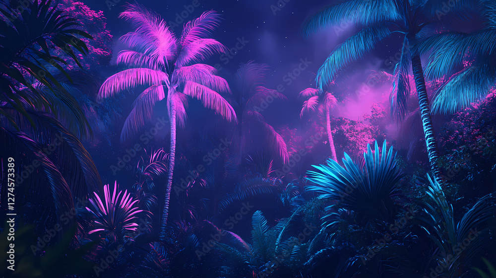Neon lit palm trees in nighttime jungle with vibrant pink and blue hues in dark environment. Dreamlike Electric Trees. Illustration Neon lit palm trees in nighttime jungle with vibrant pink and blue hues in dark environment. Dreamlike Electric Trees. Illustration