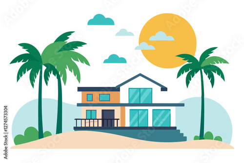 Tropical Beach House Vector Illustration with Sun & Palm Trees