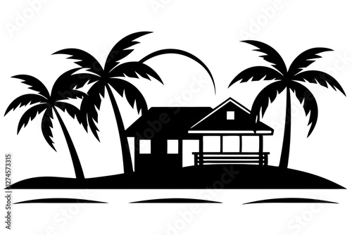 Tropical Beach House Vector Illustration with Sun & Palm Trees