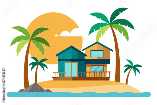 Tropical Beach House Vector Illustration with Sun & Palm Trees