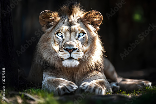 Majestic portrait of a male lion resting on the grass in a zoo, showcasing his powerful features and serene expression photo