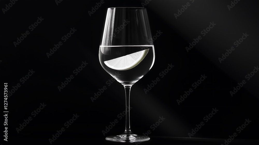 Water in a glass with a slice of lime on a dark background, showcasing simplicity and elegance in beverage presentation Water in a glass with a slice of lime on a dark background, showcasing simplicity and elegance in beverage presentation