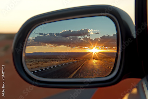 The sun reflecting in the rearview mirror of a car, creating a serene and atmospheric moment on the road photo