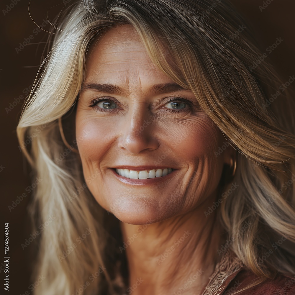 Natural portrait of a smiling woman with long hair in warm lighting, showcasing healthy skin and genuine expression Natural portrait of a smiling woman with long hair in warm lighting, showcasing healthy skin and genuine expression