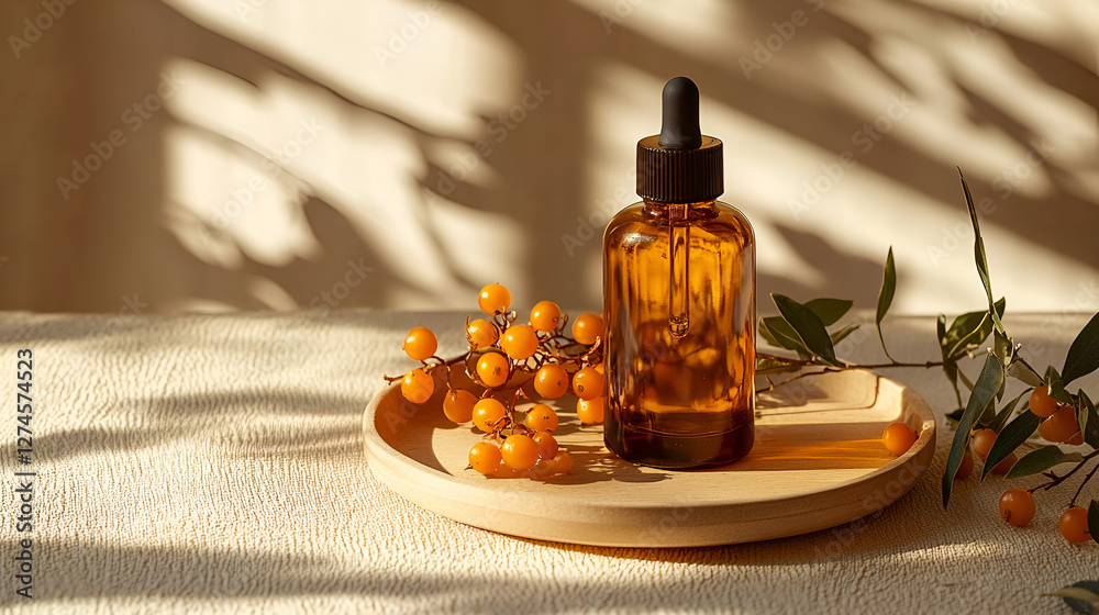 Apothecary bottle with pipette and berries on a wooden plate, illuminated by sunlight creating shadows. Apothecary bottle with pipette and berries on a wooden plate, illuminated by sunlight creating shadows.