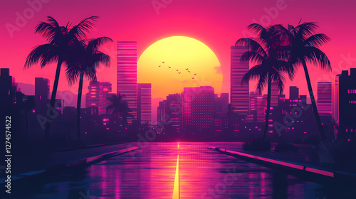 Vaporwave cityscape with neon lights and palm trees under pink sunset copy space. Dreamlike Electric Trees. Illustration