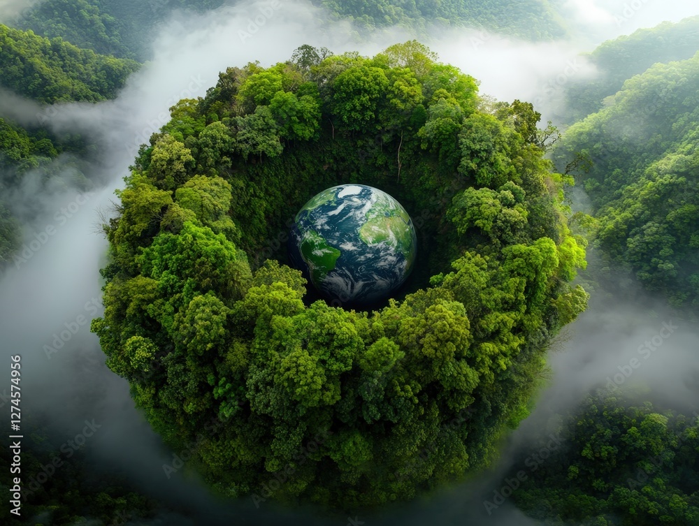 An aerial view of Earth encircled by dense foliage and mist, creating a stunning visual of harmony between nature and humanity, evoking thoughts on conservation and ecological balance essential for o An aerial view of Earth encircled by dense foliage and mist, creating a stunning visual of harmony between nature and humanity, evoking thoughts on conservation and ecological balance essential for o