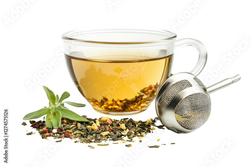 A warm cup of herbal tea brewed with aromatic leaves on a clean white background isolated on transparent background photo