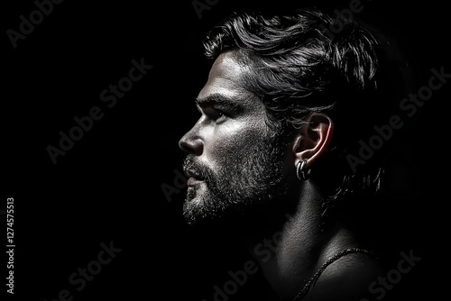 Striking studio portrait of a bearded man against a black background, highlighting his strong features and dramatic lighting photo