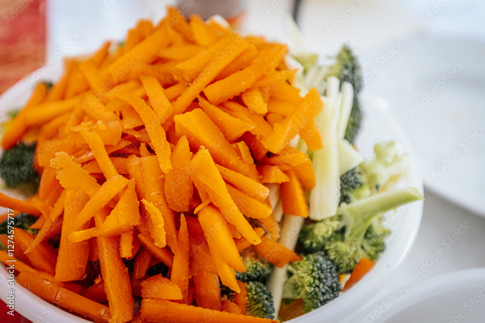 A close-up of a bowl filled with freshly chopped carrots, broccoli, and bamboo shoots. The vibrant orange and green colors highlight the fresh ingredients, ready for cooking or serving. A close-up of a bowl filled with freshly chopped carrots, broccoli, and bamboo shoots. The vibrant orange and green colors highlight the fresh ingredients, ready for cooking or serving.