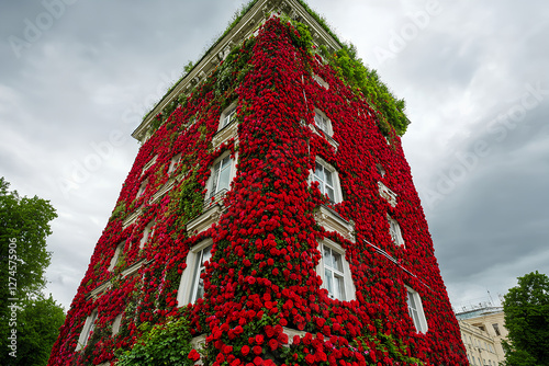 Beautiful red roses adorning the exterior of a building in London, adding a romantic and vibrant touch to the cityscape photo