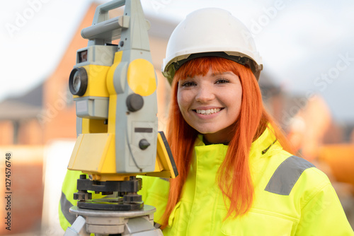 Female surveyor smiles confidently while using surveying equipment at a construction site during daylight hours photo