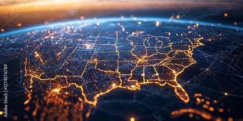 Digital map of the United States with glowing connections representing a global network and connectivity, illustrating business global services across America.
