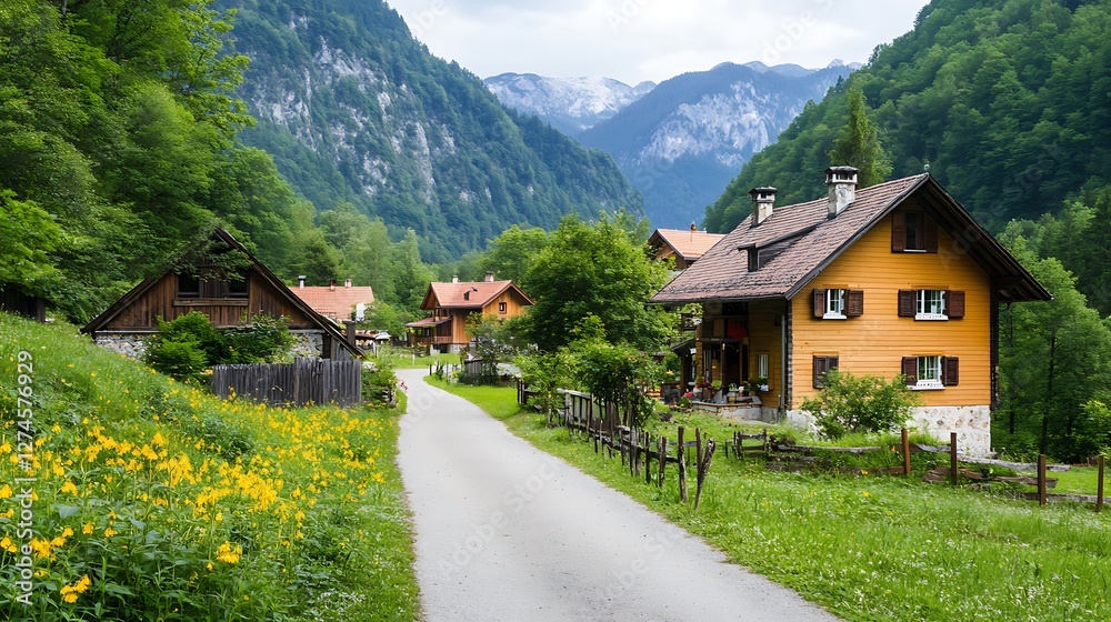 Mountain Village Road Scenic Houses Flowers Mountain Village Road Scenic Houses Flowers