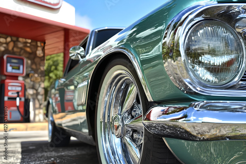  Classic vintage car captured from the front at a local car show, showcasing its timeless design and details photo