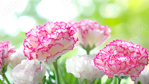 Delicate pink and white carnation flowers against a soft green bokeh background, creating a fresh and elegant floral scene photo
