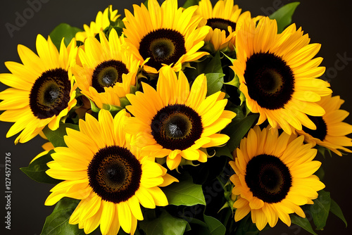 Vibrant bouquet of sunflowers against a dark background, highlighting their bright yellow petals and rich textures photo