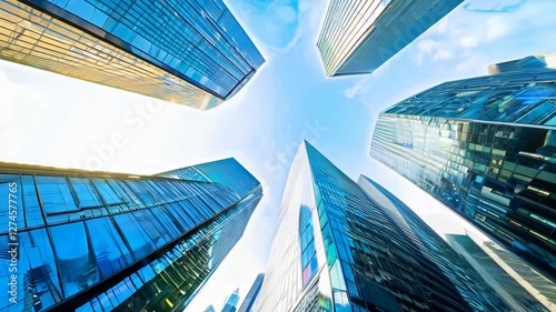 A 360-degree video of an abstract city skyline with high-key lighting reflecting off modern buildings, creating a kaleidoscopic effect as the camera moves.