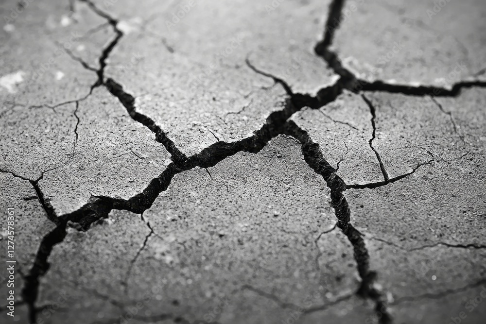 Obraz premium Extreme closeup shot of cracked dry ground showing the effects of drought and arid climate, emphasizing the texture and pattern of the earth's surface in monochrome.