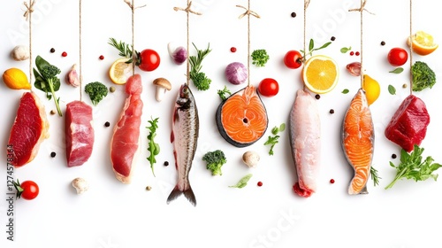 Fresh assorted meats and seafood arranged artistically with vegetables and herbs on white background