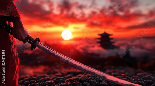 A stunning silhouette of a samurai holding a sword against a vibrant sunset, evoking feelings of honor, peace, and the beauty of nature within a tranquil and majestic landscape.