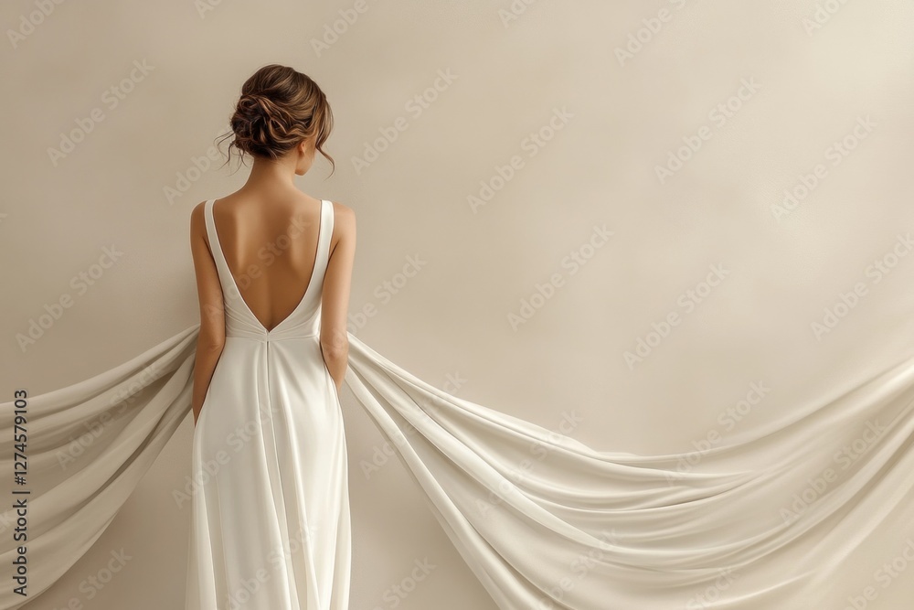 Fototapeta premium A beautiful young woman stands elegantly in a soft white gown with flowing fabric, presenting modern bridal aesthetics in a serene setting