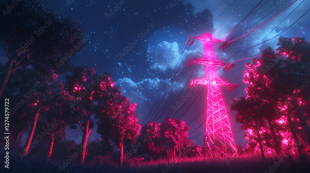 Obraz premium A striking night scene featuring a neon pink illuminated electrical tower with trees surrounding it under a starry sky. Dreamlike Electric Trees. Illustration