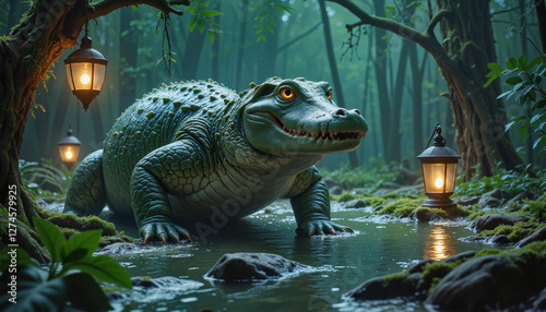 Colossal swamp crocodile with glowing patterns emerging from misty marsh, cinematic atmosphere