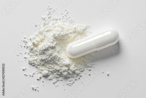 A white pill capsule lies next to a mound of powdered substance on a smooth surface, indicating a focus on pharmaceutical study