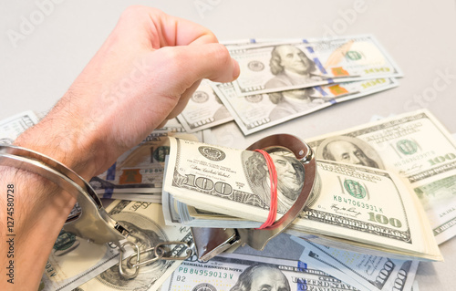 Handcuffed Person Counting Cash - Fraud, Crime, and Financial Investigation Concept photo
