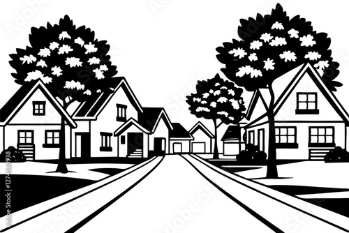 Charming Suburban Street Vector – Homes & Lush Trees