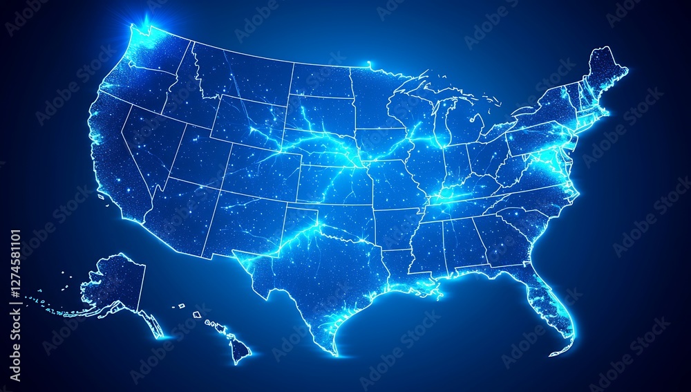 Fototapeta premium Illuminated USA Map with Bright Blue Lines