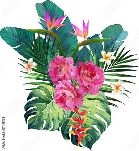 Vector bouquet of flowers. Roses, peonies, rose hips, foliage, bright summer flowers. Rose, peony