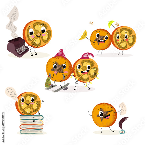  Marang fruit cute funny cheerful characters with different activities.Natural vitamin antioxidant detox food collection. Vector hand drawn illistration.