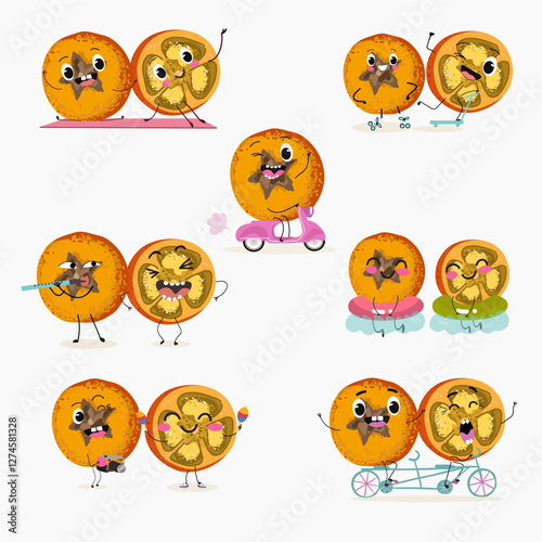  Marang fruit cute funny cheerful characters with different activities.Natural vitamin antioxidant detox food collection. Vector hand drawn illistration.