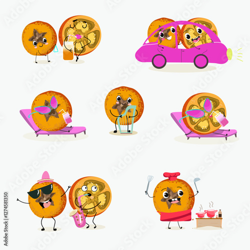  Marang fruit cute funny cheerful characters with different activities.Natural vitamin antioxidant detox food collection. Vector hand drawn illistration.