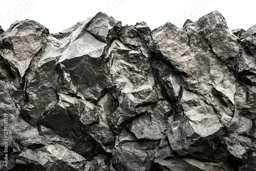 Cliff stone with sharp edges, situated atop a mountain rock on a hill, isolated against a white background