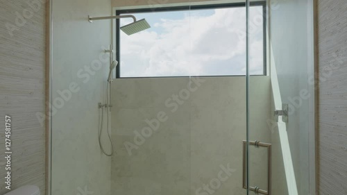 Wallpaper Mural Modern shower area with large rectangular window that allows natural light to enter. Shower has sleek, minimalist design with wall mounted shower head and glass door Torontodigital.ca