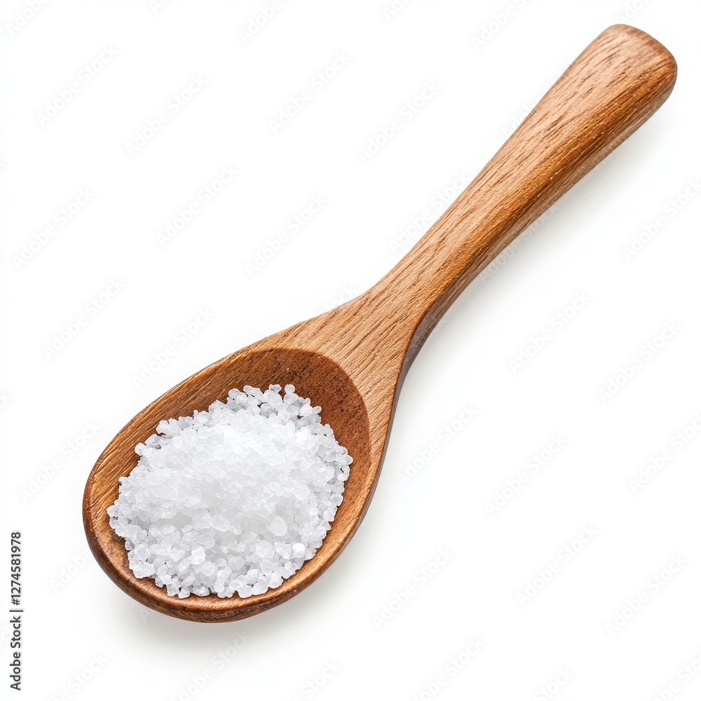 A wooden spoon filled with salt crystals A wooden spoon filled with salt crystals
