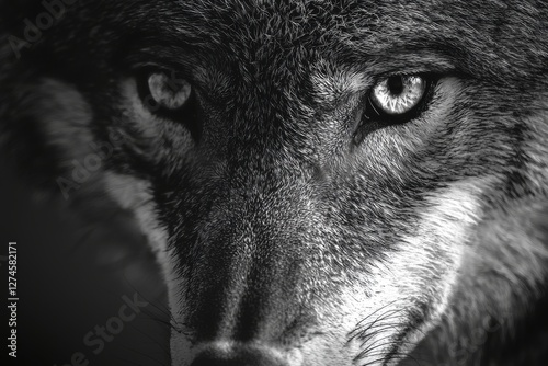 A captivating black and white portrait of a wolf's face, intense gaze, displaying detailed fur texture and wild nature, wildlife close-up photography, animal emotion. photo