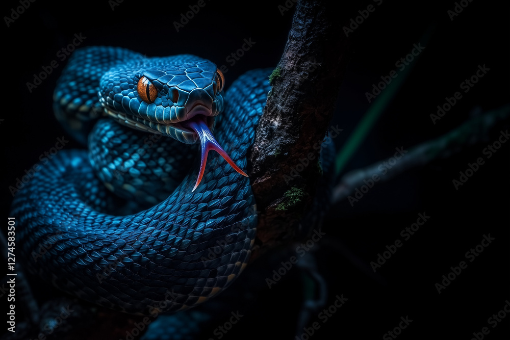 Obraz premium Vivid Blue Snake Coiled on a Tree Branch: Full-Body View with Tongue Out, Captured Against a Black Background, Highlighting Its Grace, Striking Color, and Mysterious Elegance in Nature