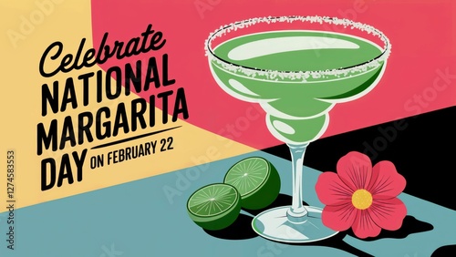 Illustration celebrating National Margarita Day with a stylized margarita glass, lime, flower, and colorful background