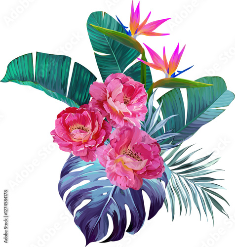Vector bouquet of flowers. Roses, peonies, rose hips, foliage, bright summer flowers. Rose, peony