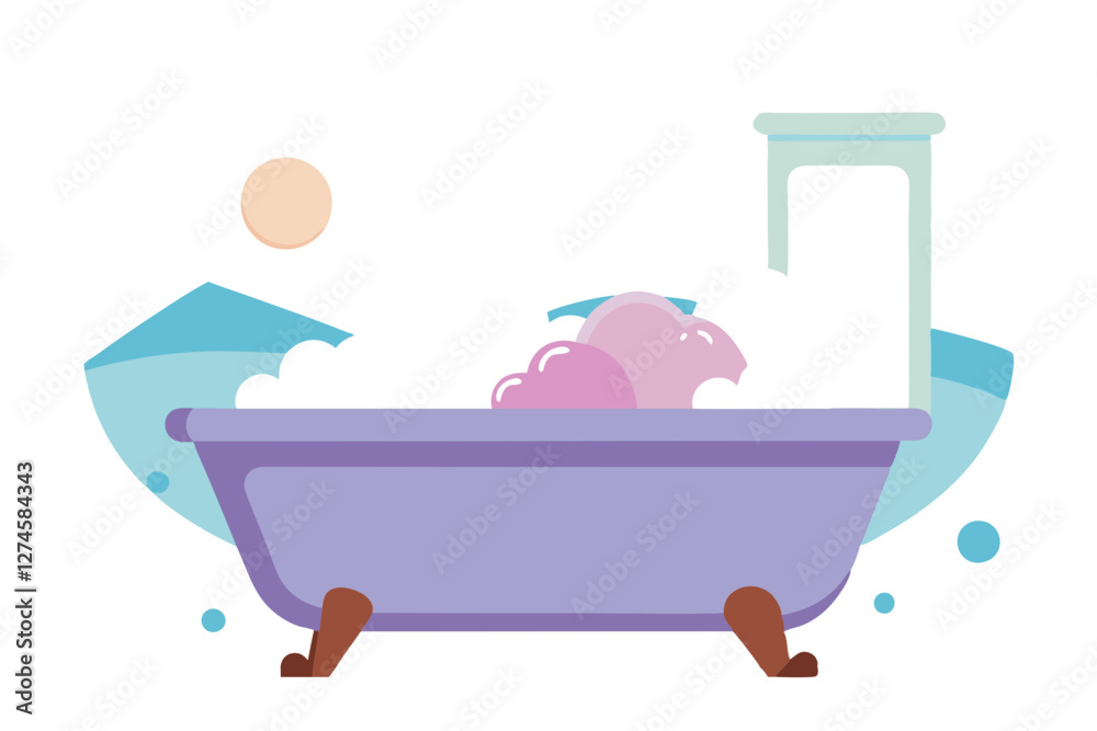 Naklejka premium Clawfoot Bathtub Vector with Bubbles & Scenic Window View
