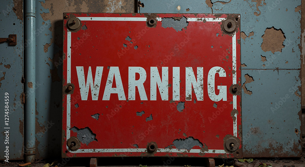 Weathered warning sign with bold lettering against a distressed metal background, conveying a sense of caution and alertness, copy space Weathered warning sign with bold lettering against a distressed metal background, conveying a sense of caution and alertness, copy space