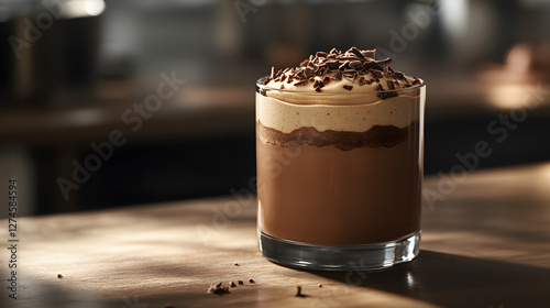 Chocolate mousse with airy cream topping and chocolate shavings in a glass on a wooden table